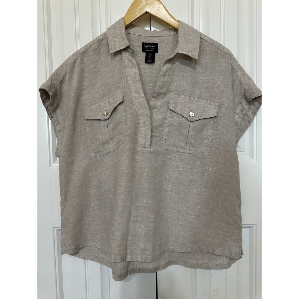 Nicole Miller Women's Shirt L Beige Linen Classic Neutral Casual Beach Work Top